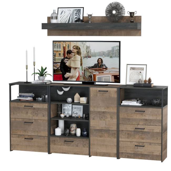 Два комода с ящиками с навесной полкой и комод с ящиком и дверкой в гостиную Трувор цвет дуб гранж песочный/интра Два комода с ящиками с навесной полкой и комод с ящиком и дверкой в гостиную Трувор цвет дуб гранж песочный/интра