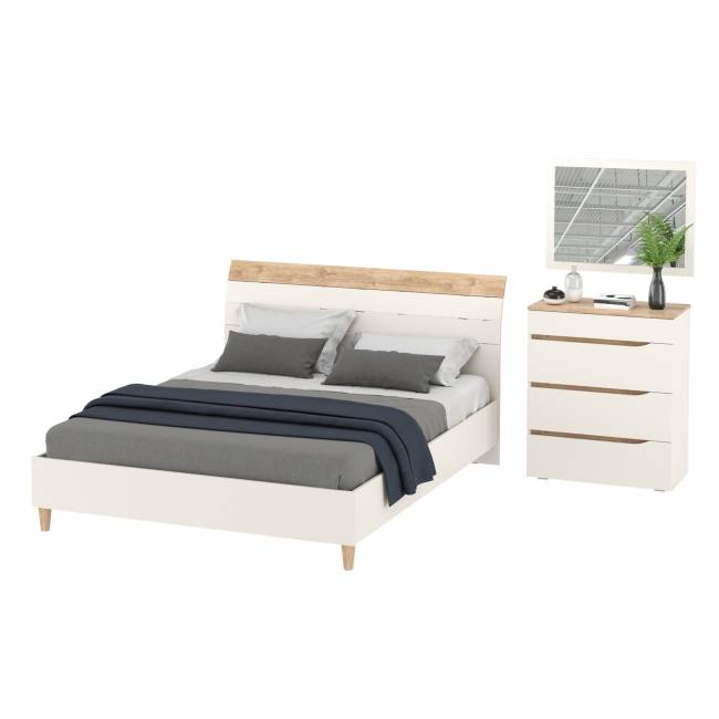 Кровать 1600 двуспальная Муссон 11.41 с основанием и комод с зеркалом цвет белый/дуб эндгрейн элегантный