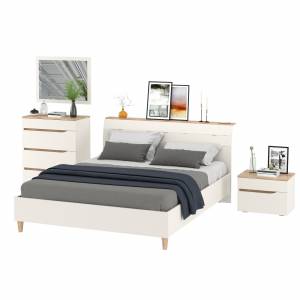 Кровать Муссон 1600 с ортопедическим основанием с тумбочкой и комодом с зеркалом цвет белый/дуб эндгрейн элегантный