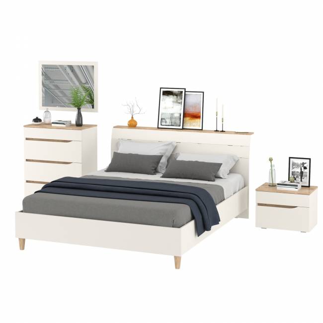 Кровать Муссон 1600 с ортопедическим основанием с тумбочкой и комодом с зеркалом цвет белый/дуб эндгрейн элегантный